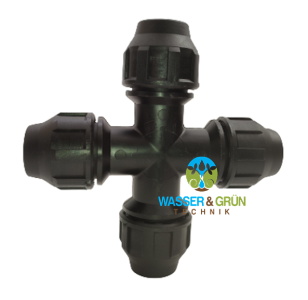 X-Stück 25 x 25 x 25 x 25 mm, X-Stück 25 x 25 x 3/4"IG x 25 x 25 mm, X-Stück 25 x 25 x 1/2" IG x 25 x 25 mm, PE Klemmverschraubung, PN16 Kreuz-Stück PE-Rohr 25